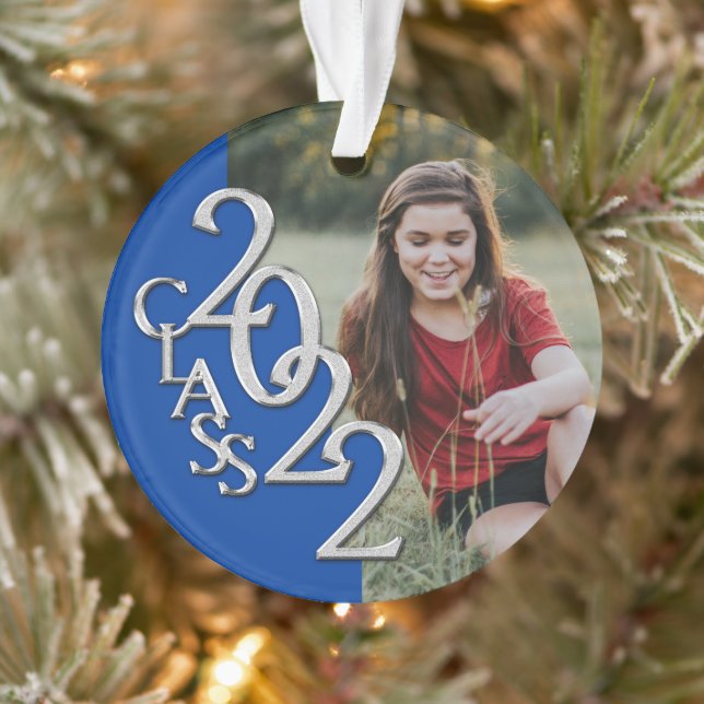 Graduation Class 2022 Photo Blue Silver Ornament (Tree)