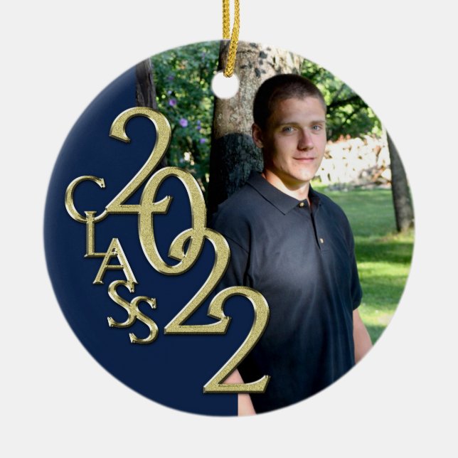 Graduation Class 2022 Photo Blue with Gold  Ceramic Tree Decoration (Front)