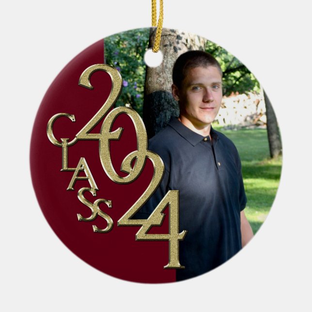 Graduation Class 2022 Photo Burgundy with Gold Ceramic Tree Decoration (Front)