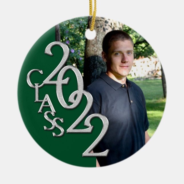 Graduation Class 2022 Photo Green Silver Ceramic Tree Decoration (Front)