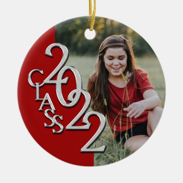 Graduation Class 2022 Photo Red Silver Ceramic Ceramic Tree Decoration (Front)