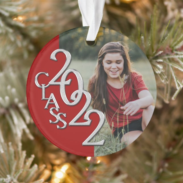 Graduation Class 2022 Photo Red Silver  Ornament (Tree)