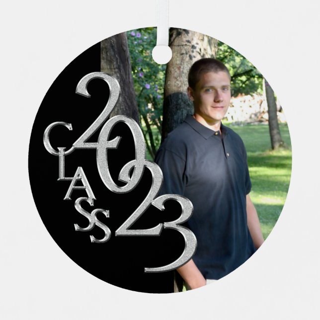 Graduation Class 2023 Photo Black and Silver Metal Tree Decoration (Front)