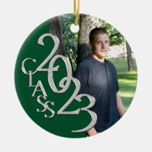 Graduation Class 2023 Photo Green and Silver Ceramic Tree Decoration