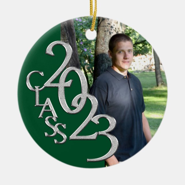 Graduation Class 2023 Photo Green and Silver Ceramic Tree Decoration (Front)