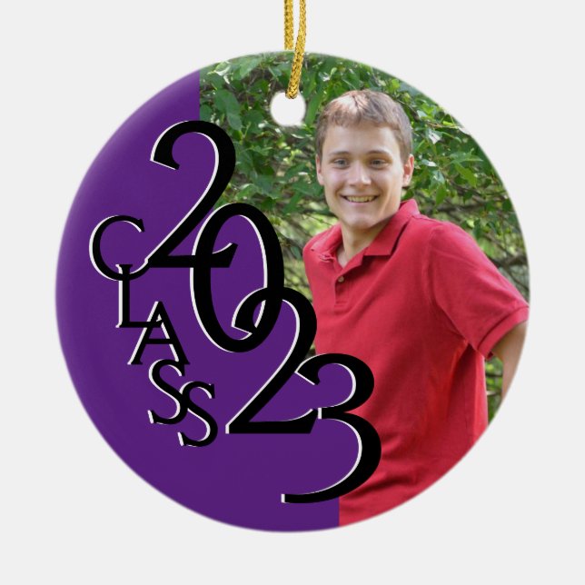 Graduation Class 2023 Photo Purple Ceramic Tree Decoration (Front)