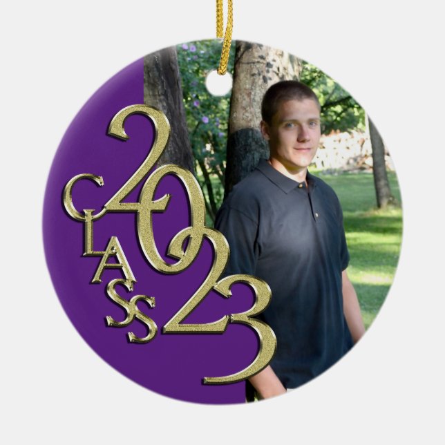 Graduation Class 2023 Photo Purple with Gold Ceramic Tree Decoration (Front)