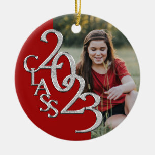 Graduation Class 2023 Photo Red Silver Ceramic Tree Decoration