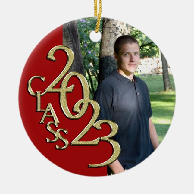 Graduation Class 2023 Photo Red with Gold Ceramic Tree Decoration (Front)