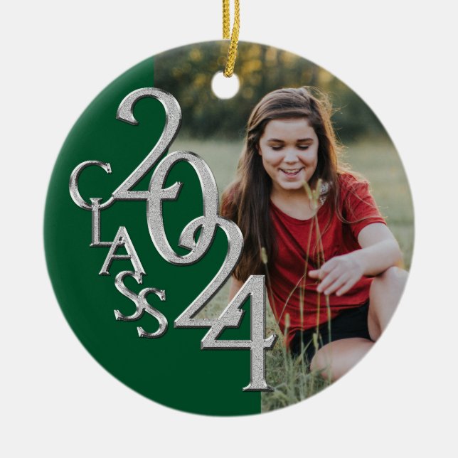 Graduation Class 2024 Photo Green Silver Ceramic Tree Decoration (Front)