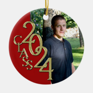 Graduation Class 2024 Photo Red with Gold Ceramic Tree Decoration