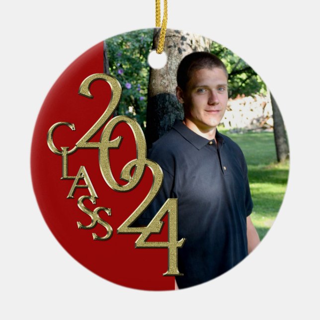 Graduation Class 2024 Photo Red with Gold  Ceramic Tree Decoration (Front)