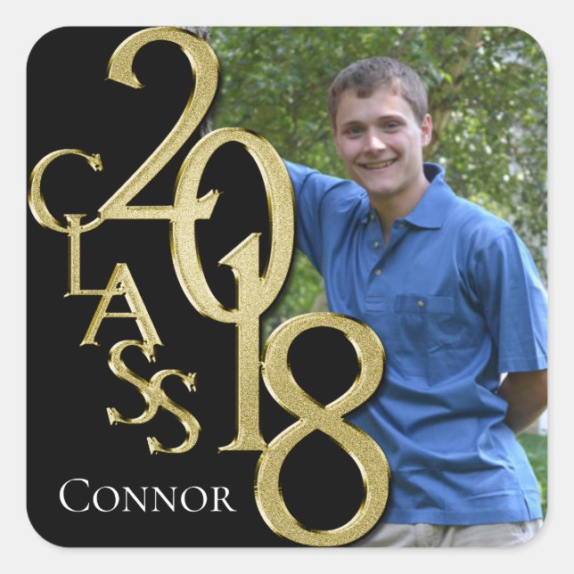 Graduation Class of 2018 Black and Gold Photo Square Sticker (Front)