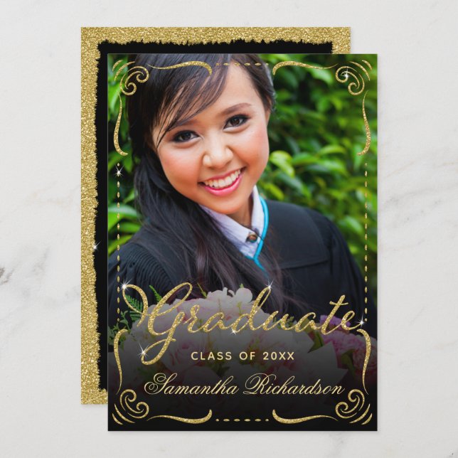 Graduation Class of 2024 Photo Black Gold Invitation (Front/Back)