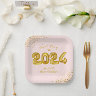 Graduation Class of 2024 Pink Gold Balloons Custom Paper Plate
