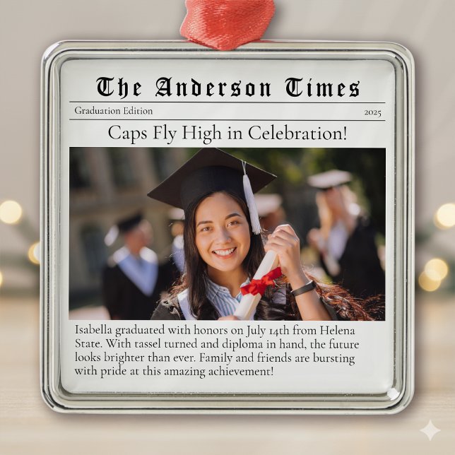 Graduation Class of 2025 Newspaper Photo Keepsake Metal Tree Decoration (Creator Uploaded)