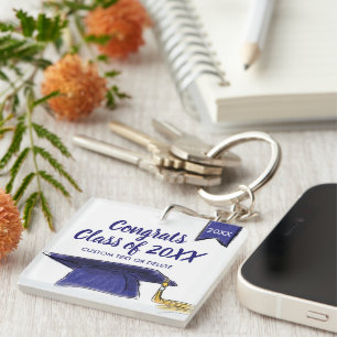 Graduation Class of 20XX Blue Grad Cap Custom Key Ring