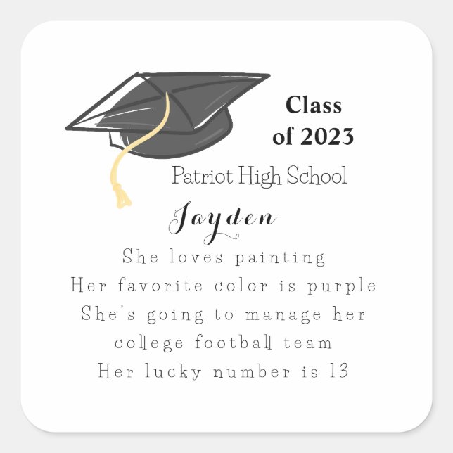 Graduation Class of Fun Facts Grad Cap Custom Square Sticker (Front)