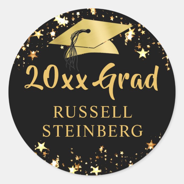 Graduation Class of Year Black Gold Stars Name Classic Round Sticker (Front)