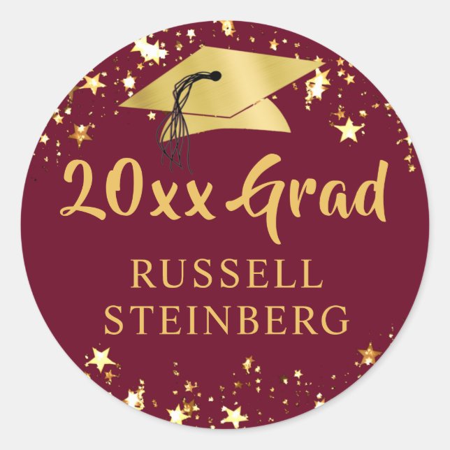 Graduation Class of Year Maroon Gold Stars Name Classic Round Sticker (Front)