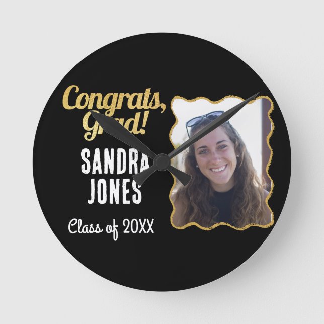 Graduation Class Personalised Name Year Black Gold Round Clock (Front)