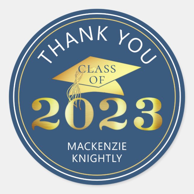Graduation Class Year Blue Gold Foil Thank You Classic Round Sticker (Front)