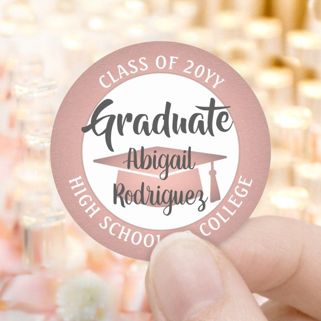 Graduation Class Year Pink Rose Gold Black Modern Classic Round Sticker (Creator Uploaded)