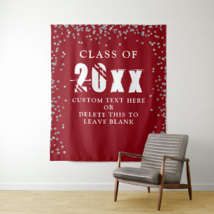Graduation CLASS YEAR Red Silver Confetti backdrop Tapestry
