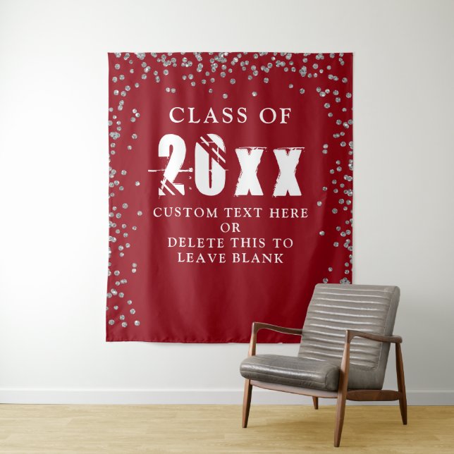 Graduation CLASS YEAR Red Silver Confetti backdrop Tapestry (In Situ)