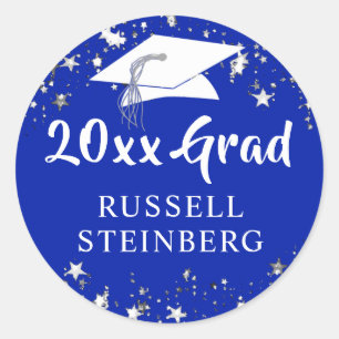 Graduation Class Year Royal Blue White Stars Name Classic Round Sticker
