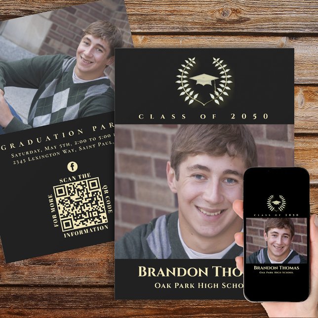 Graduation Classic Photo Black Gold Laureate Invitation (Creator Uploaded)