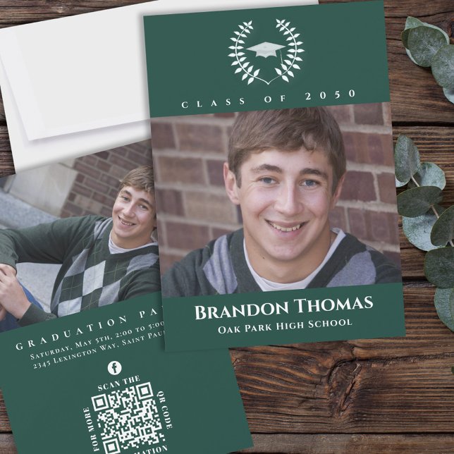 Graduation Classic Photo Dark Green Laurel Leaves Invitation (Creator Uploaded)