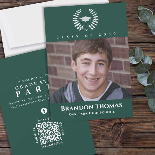 Graduation Classic Photo Dark Green Laurel Leaves Invitation