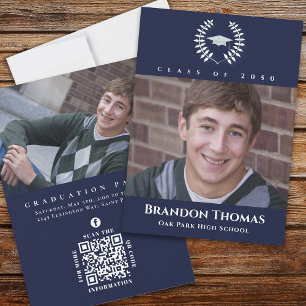 Graduation Classic Photo Navy Blue Laureate Laurel Invitation