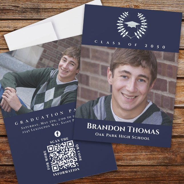 Graduation Classic Photo Navy Blue Laureate Laurel Invitation (Creator Uploaded)