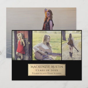 Graduation Collage Gold and Black Multi 4 Photo Announcement