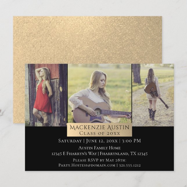 Graduation Collage | Gold Elegant Grad 3 Photo Invitation (Front/Back)