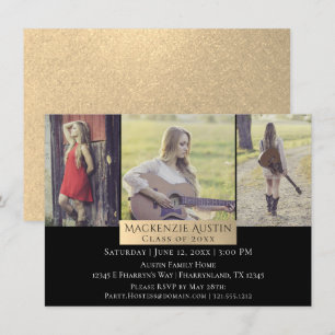 Graduation Collage   Gold Elegant Grad 3 Photo Invitation