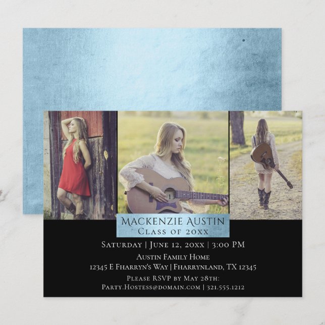 Graduation Collage | Light Blue Cool Grad 3 Photo Invitation (Front/Back)