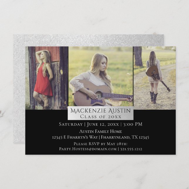 Graduation Collage | Silver Chic Triple 3 Photo Invitation (Front/Back)