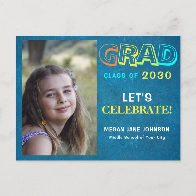 Graduation colourful middle school grad photo invitation postcard (Front)
