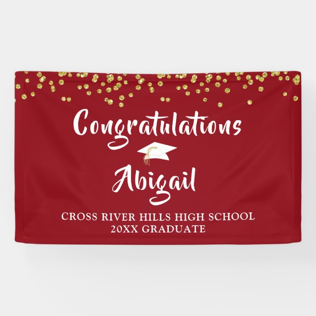 Graduation Confetti Brush Script Red Gold Banner (Horizontal)