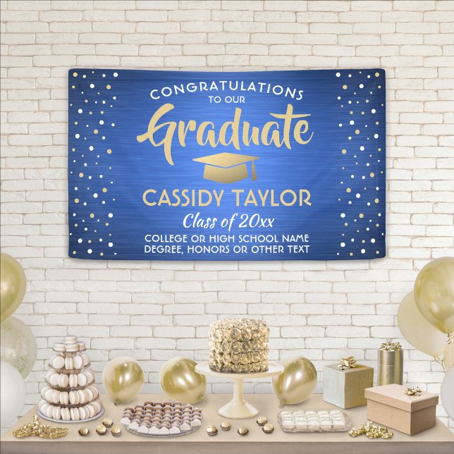 Graduation Confetti Brushed Blue Gold and White Banner (Creator Uploaded)