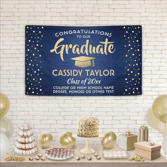Graduation Confetti Brushed Navy Blue Gold & White Banner (Creator Uploaded)
