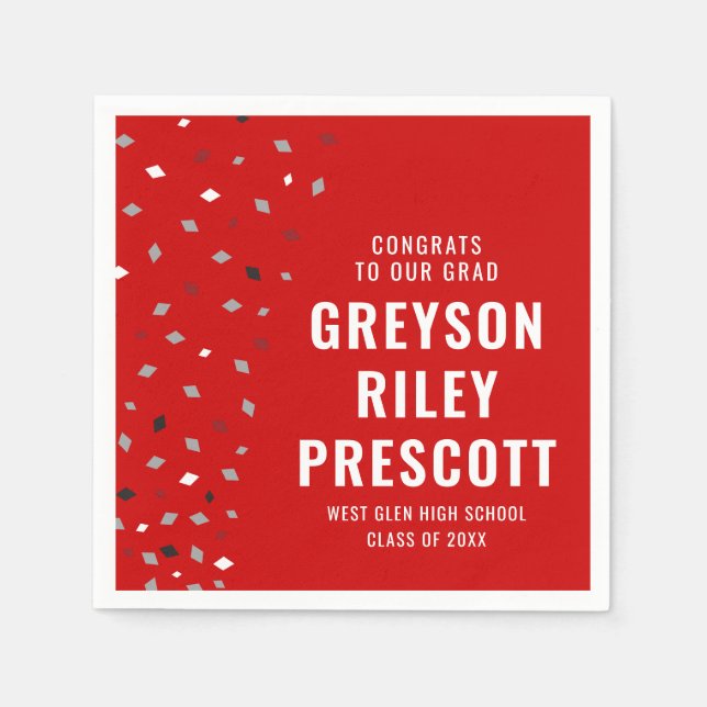 Graduation confetti personalised red grey Napkin (Front)