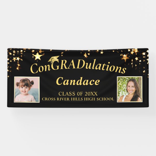 Graduation ConGRADulations Photo Gold Stars Black Banner (Horizontal)