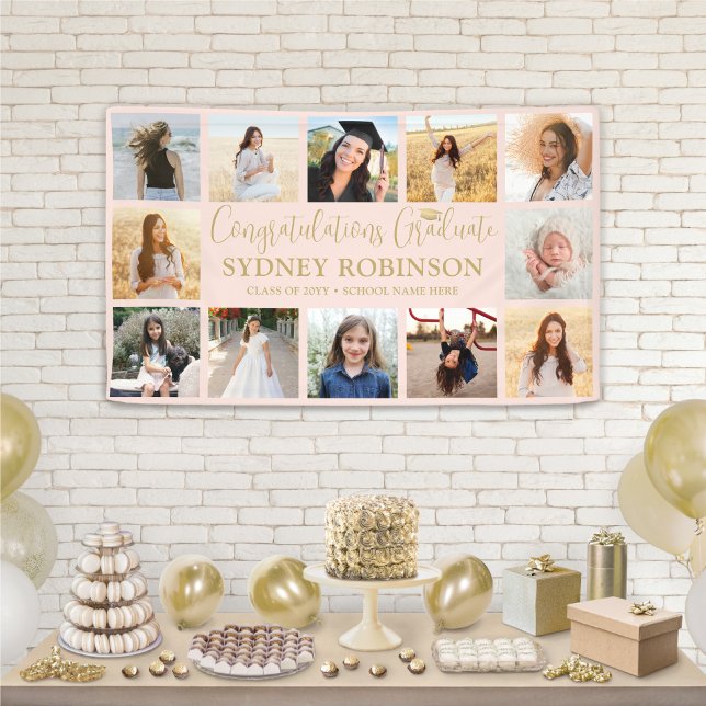 Graduation Congrats 12 Photo Blush Pink and Gold Banner (Creator Uploaded)