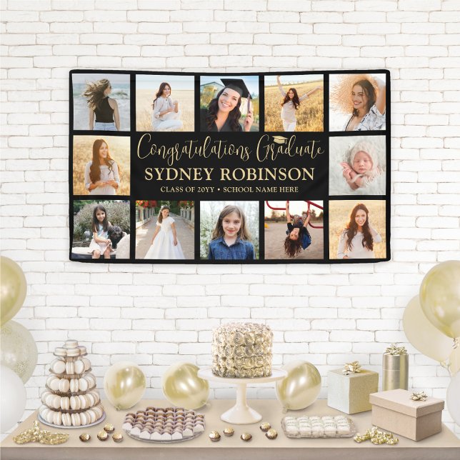 Graduation Congrats 12 Photo Collage Black & Gold Banner (Creator Uploaded)