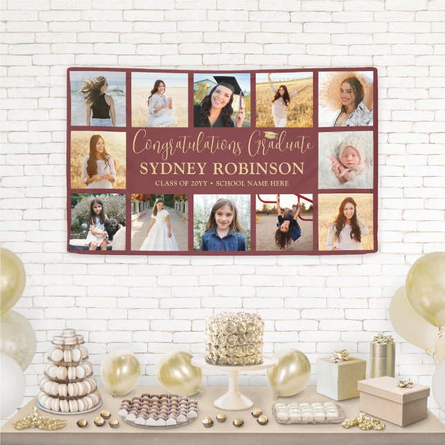 Graduation Congrats 12 Photo Collage Burgundy Gold Banner (Creator Uploaded)