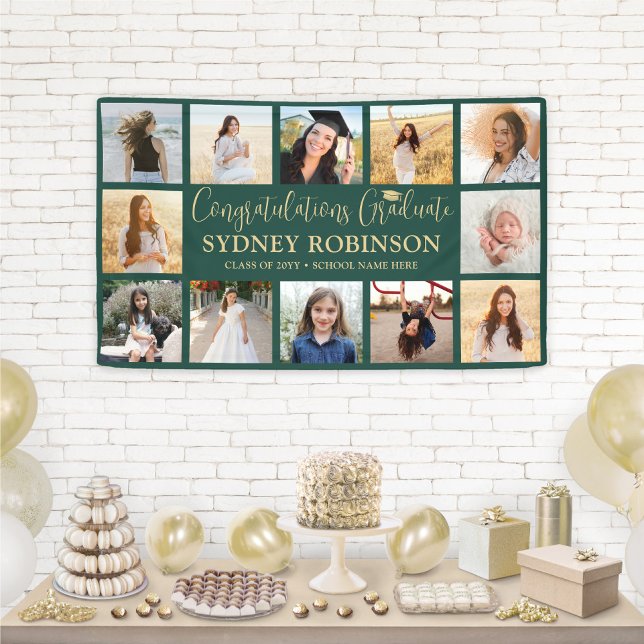 Graduation Congrats 12 Photo Collage Green & Gold Banner (Creator Uploaded)